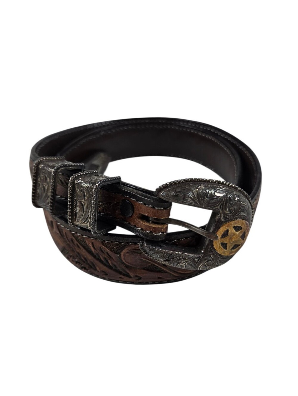 Rewards Tooled Leather Belt Matt Hackett Sterling Silver Buckle size 36
